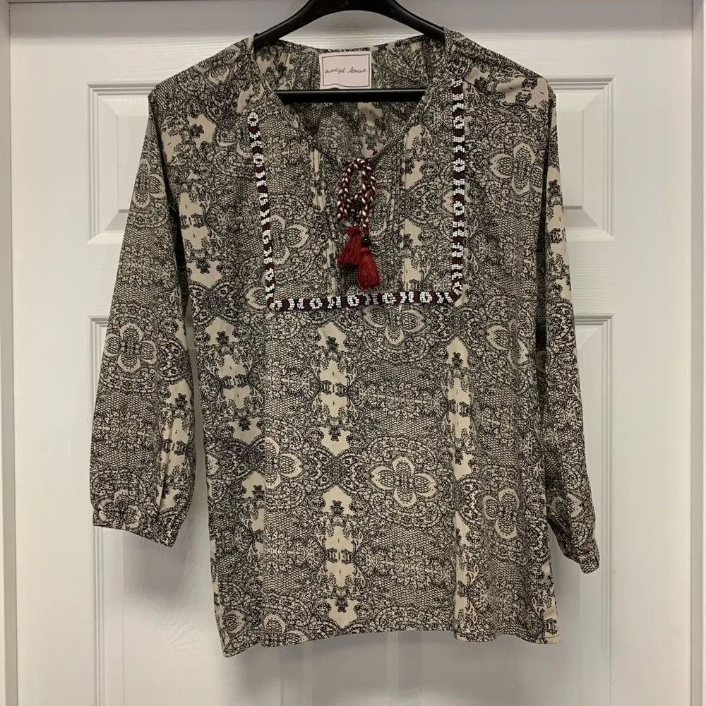 Beautiful Stories Print & Beaded  Boho Peasant Tassel Blouse S